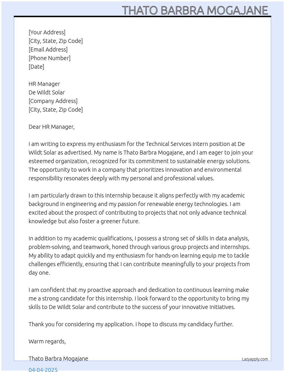 Cover letter for internship programme technical services intern - LazyApply