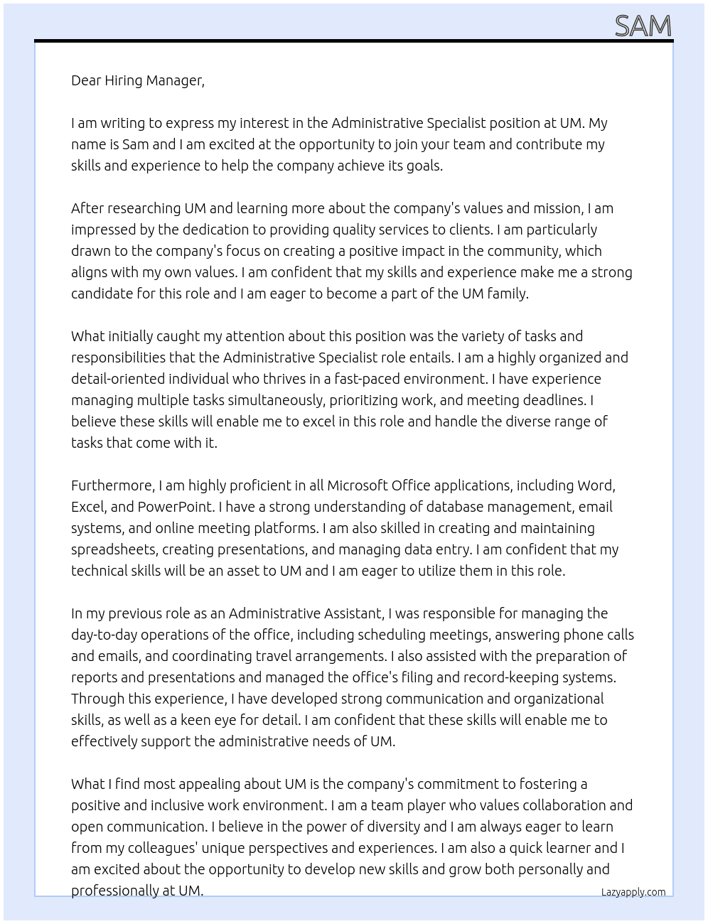 Administrative Specialist At UM Cover Letter