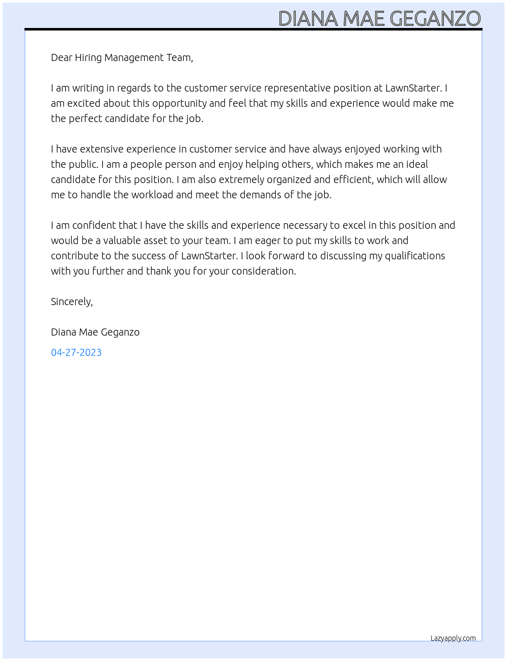 customer service representative At LawnStarter Cover Letter