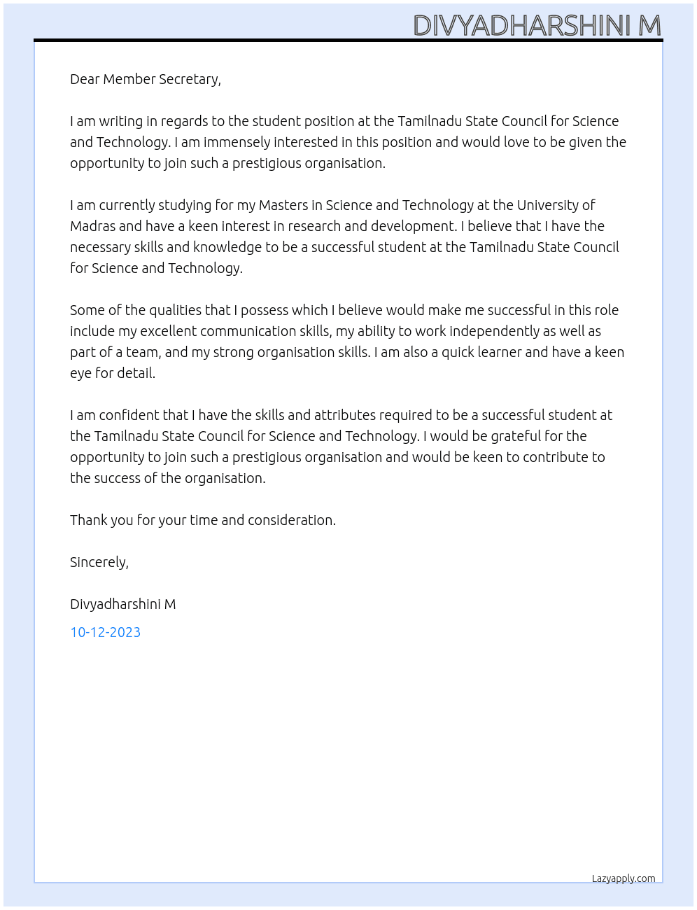student At TAMILNADU STATE COUNCIL FOR SCIENCE AND TECHNOLOGY Cover Letter