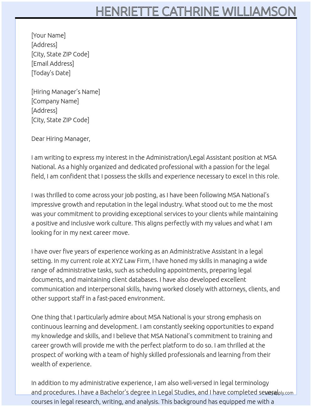 Administration / Legal Assistant At MSA National Cover Letter