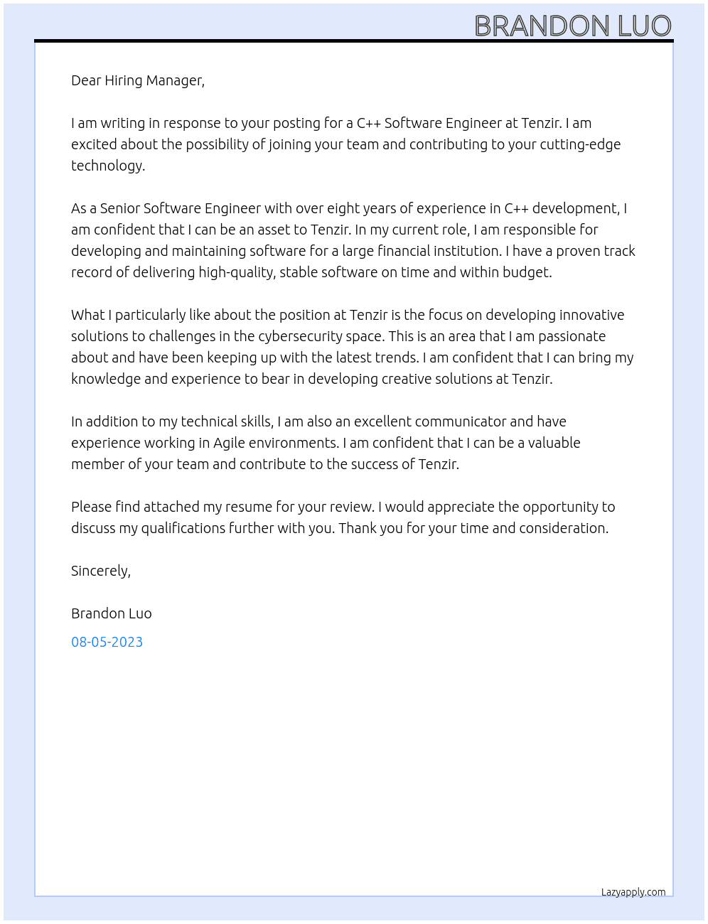 C++ Software Engineer At Tenzir Cover Letter