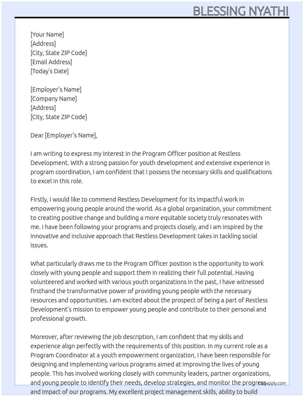 Prograam Officer At Restless Developmenet Cover Letter