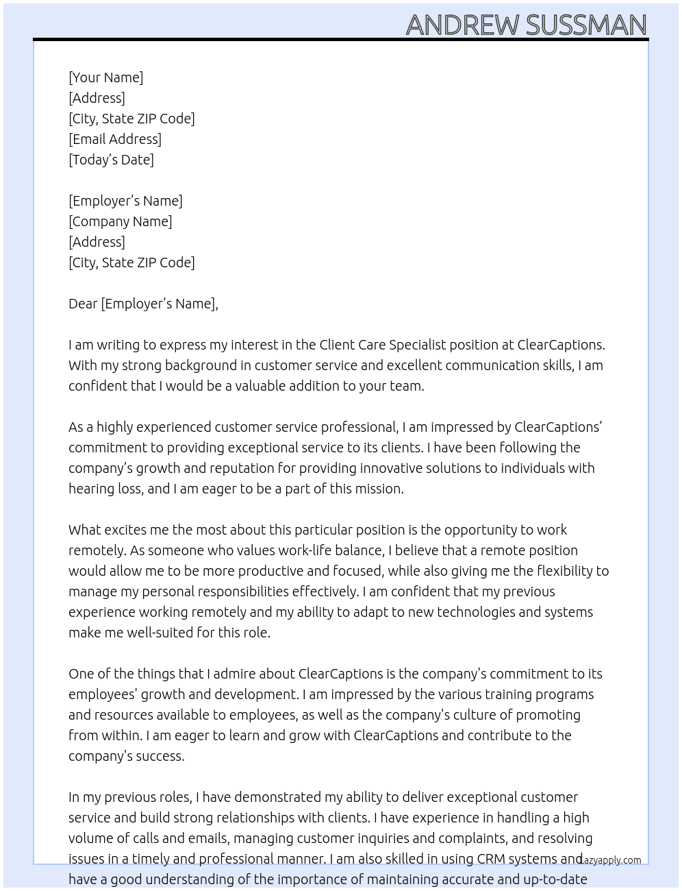 Client Care Specialist At ClearCaptions Cover Letter