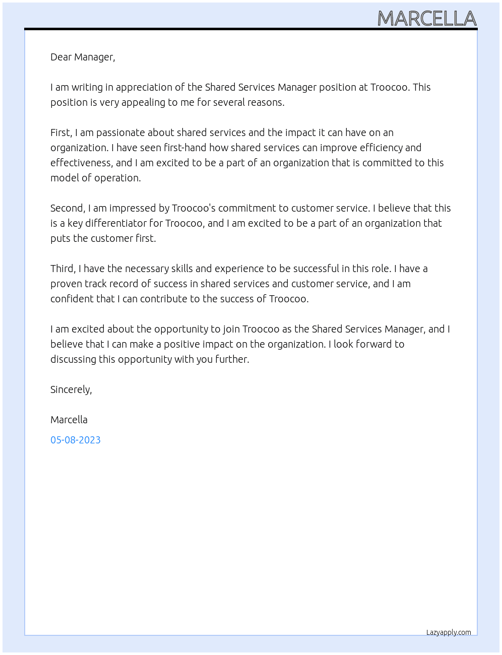 Shared Services Manager At Troocoo Cover Letter
