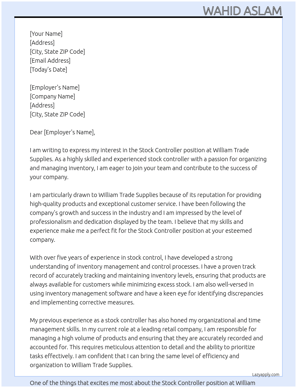 Stock controller  At William trade supplies  Cover Letter
