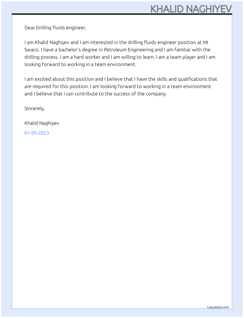 Drilling fluids engineer At MI Swaco Cover Letter