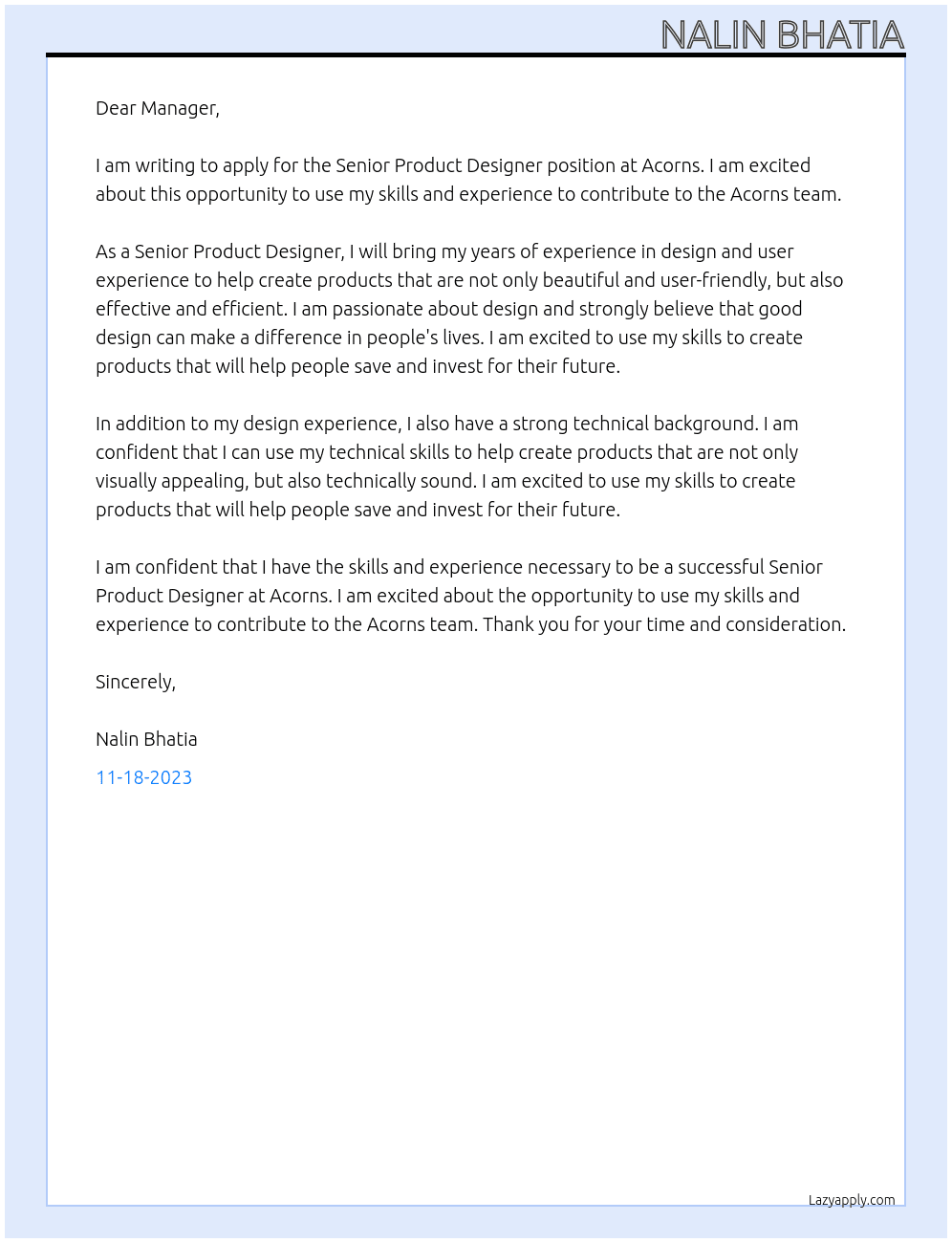 Senior Product Designer At Acrons Cover Letter