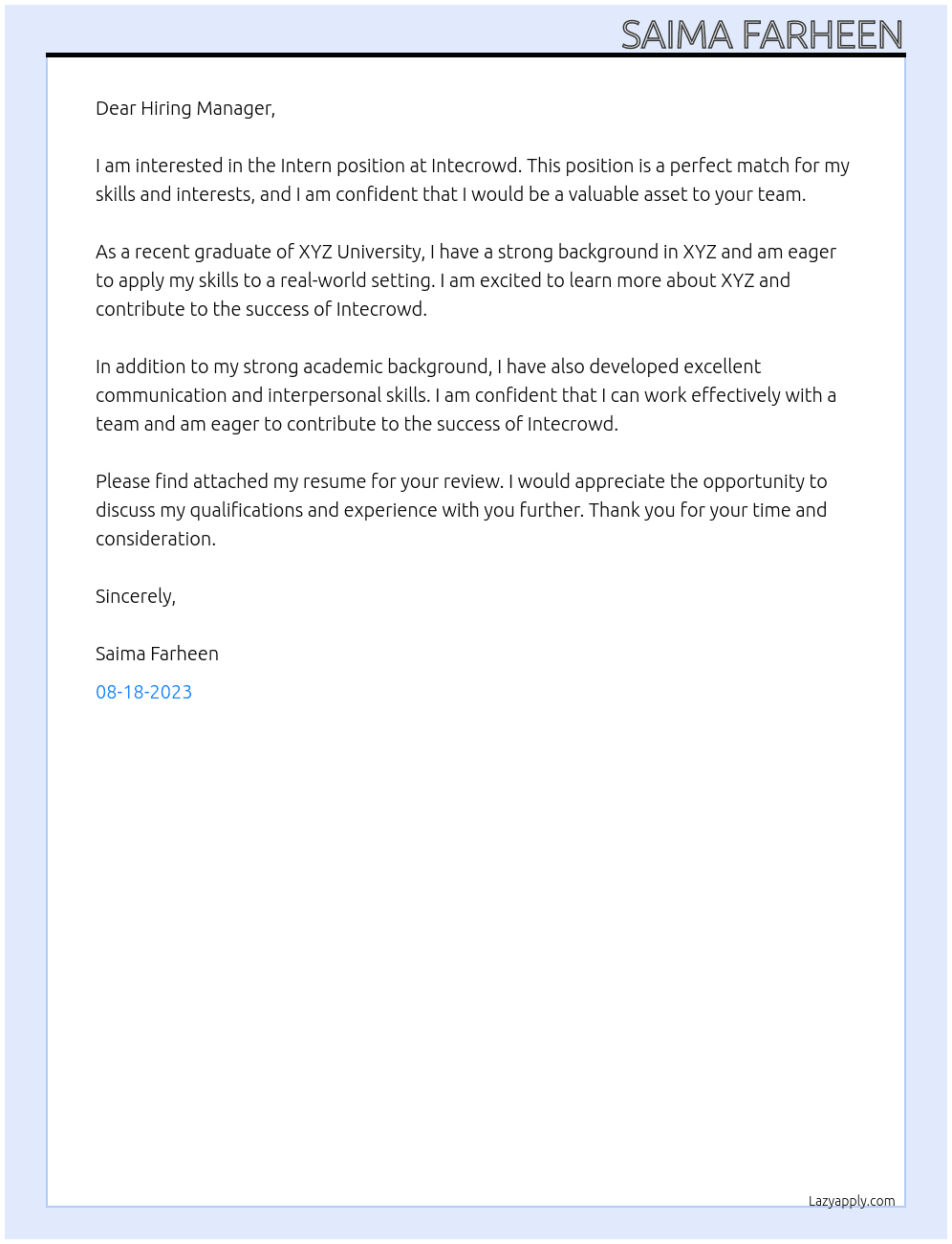 Intern At Intecrowd Cover Letter