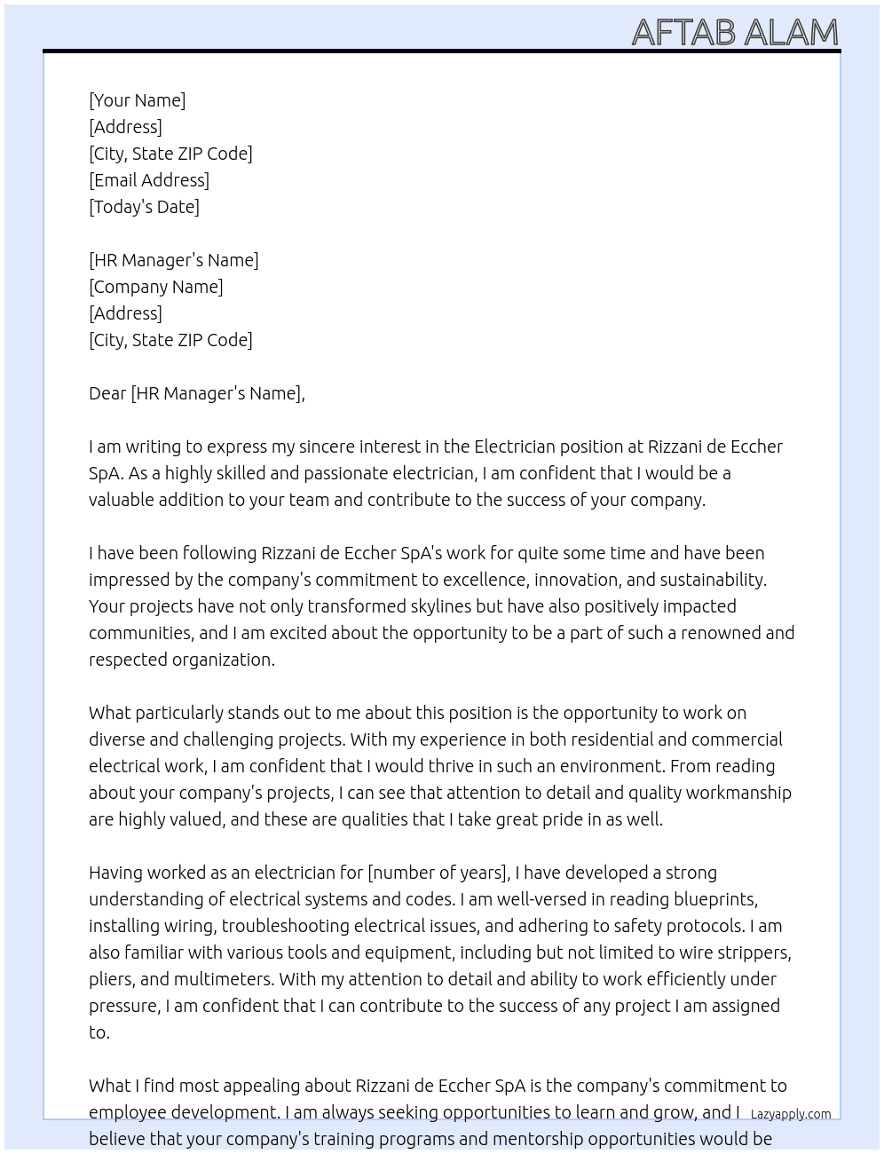 Electrician  At Rizzani de Eccher SpA Cover Letter