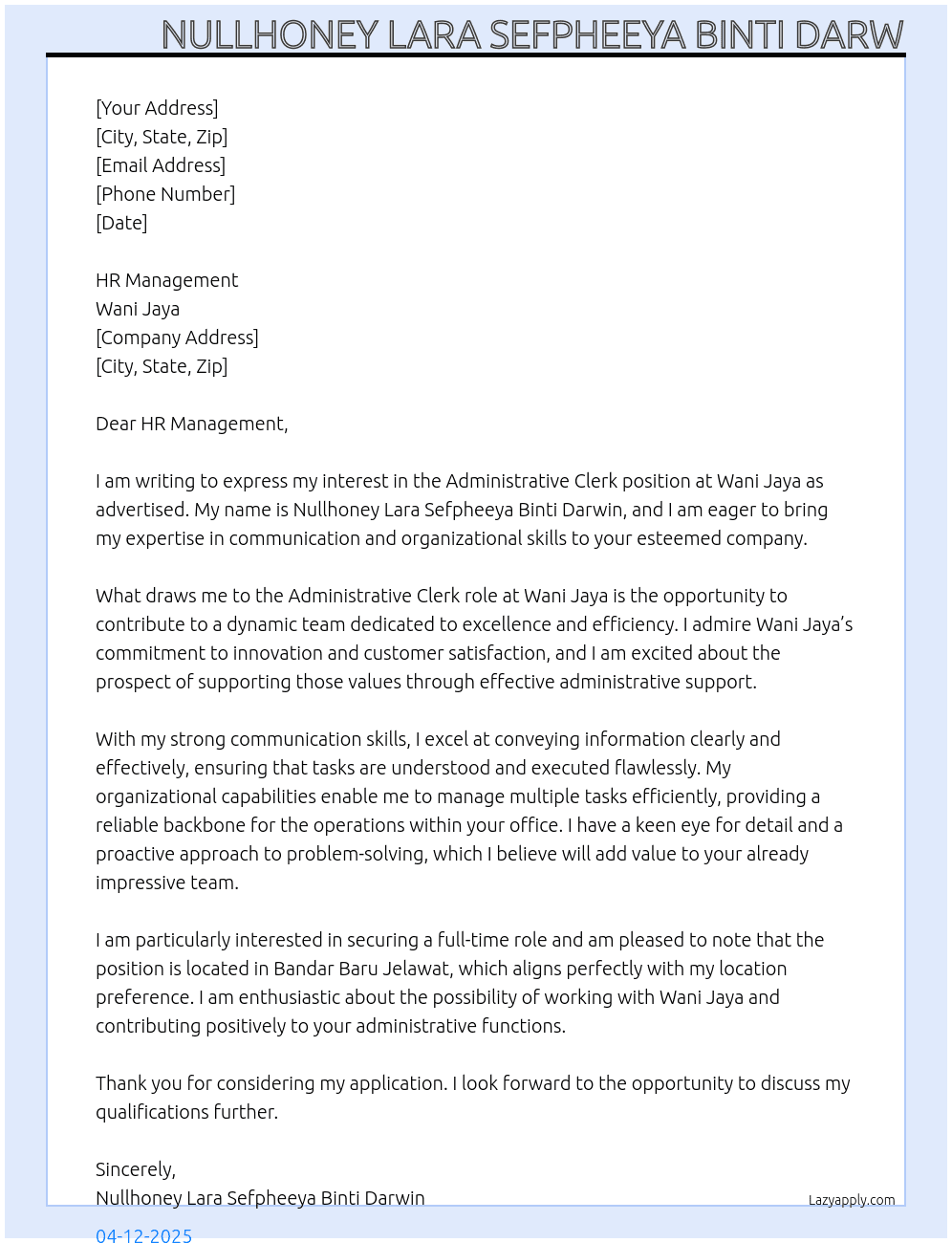 Administrative clerk At Wani Jaya Cover Letter