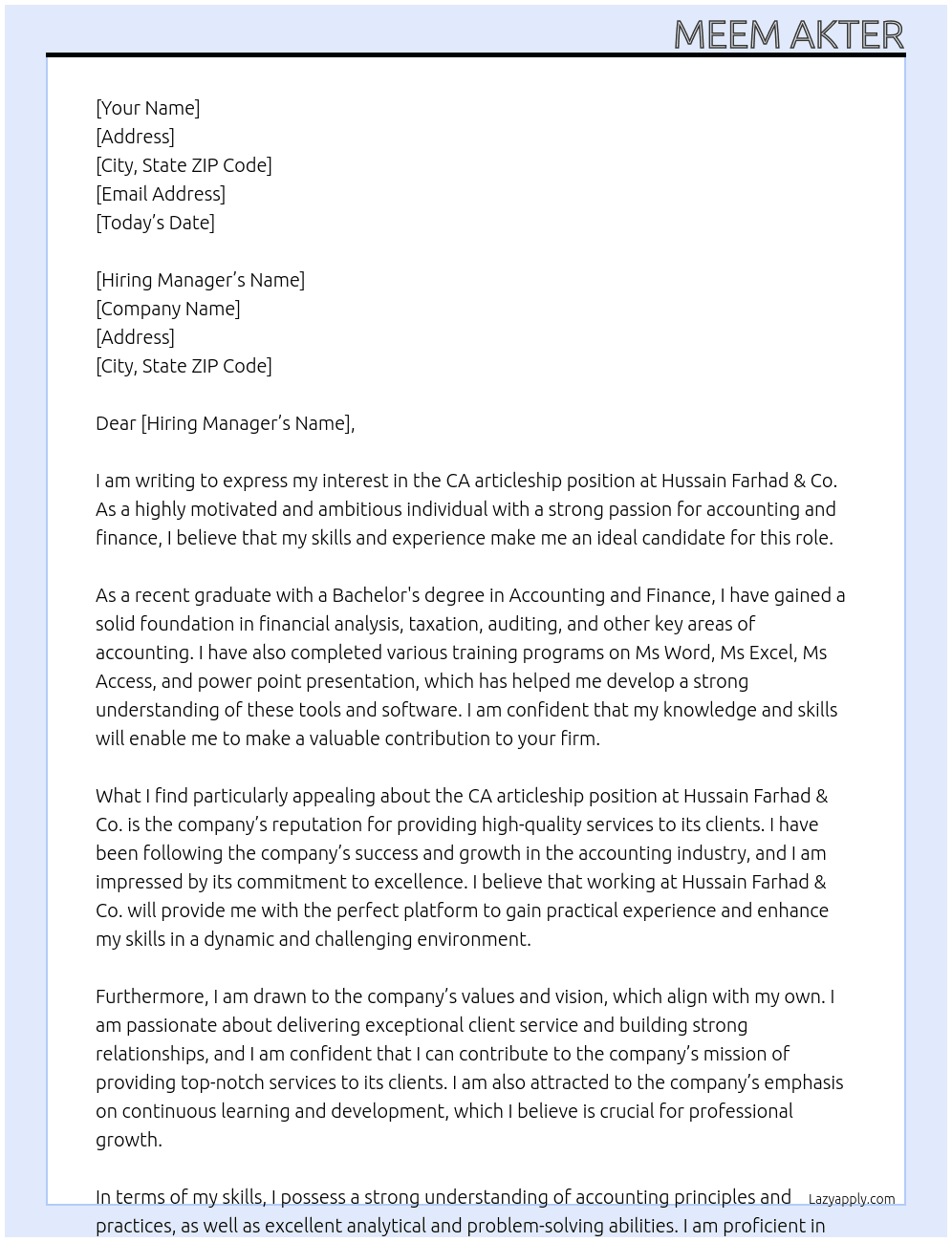 CA articleship  At Hussain Farhad &co. Cover Letter