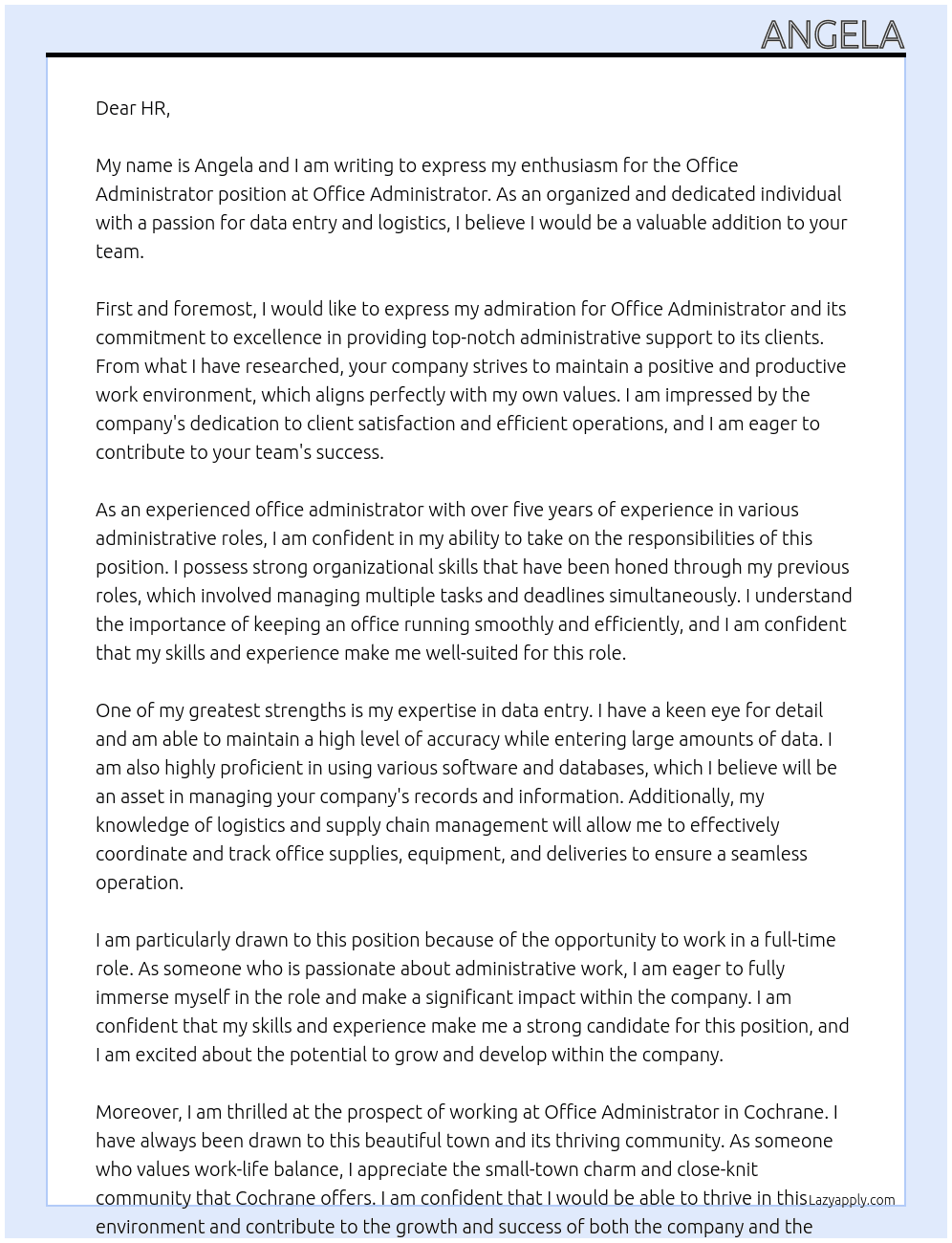 Office admin At Office administrator  Cover Letter