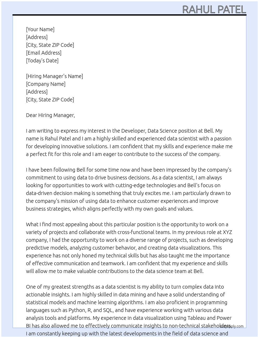Developer, Data Science At Bell Cover Letter