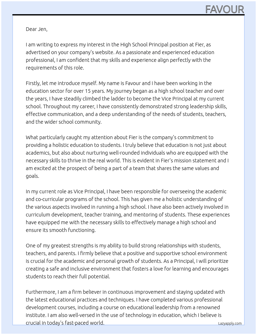 High school Principal At Fier Cover Letter