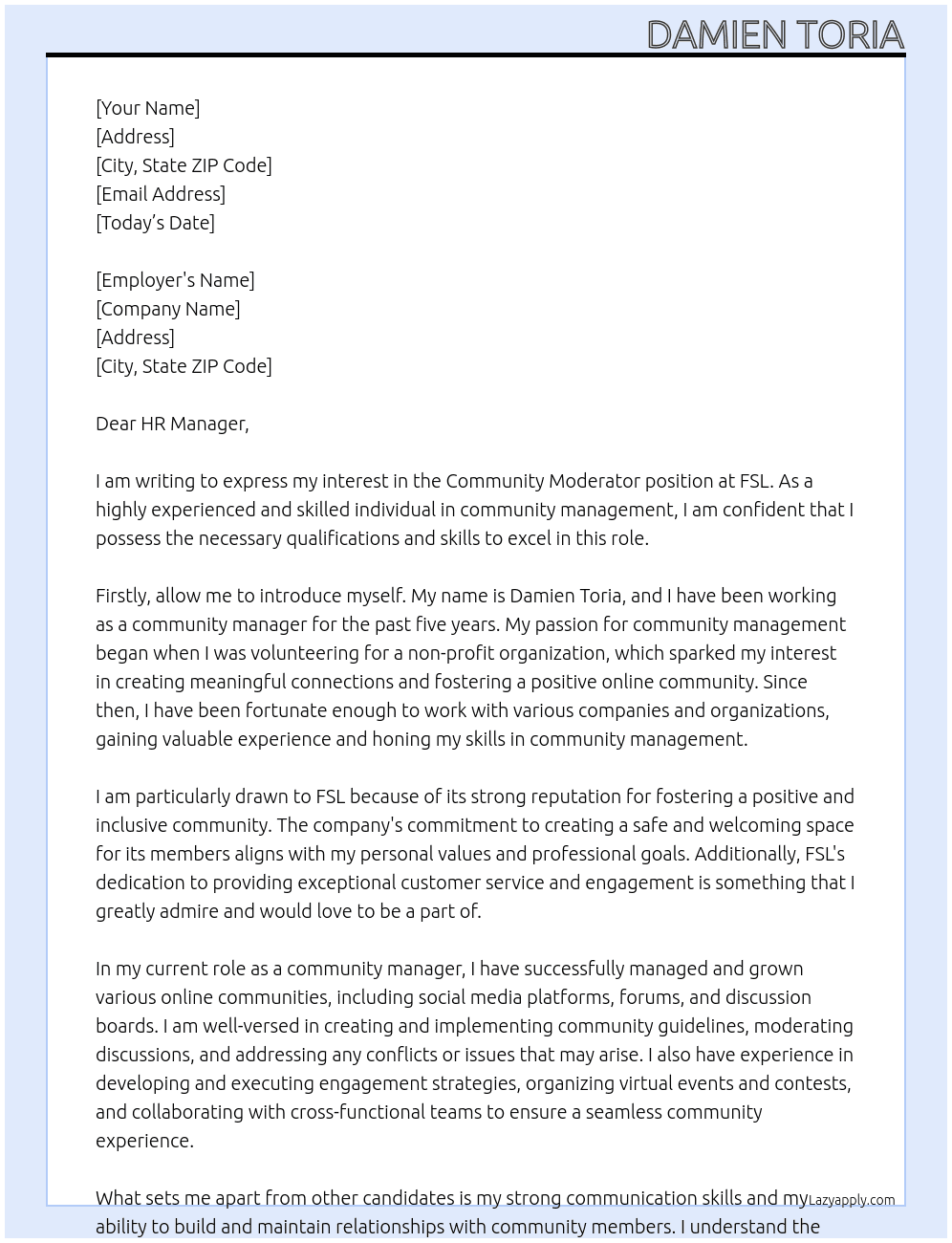 Community Moderator At FSL Cover Letter