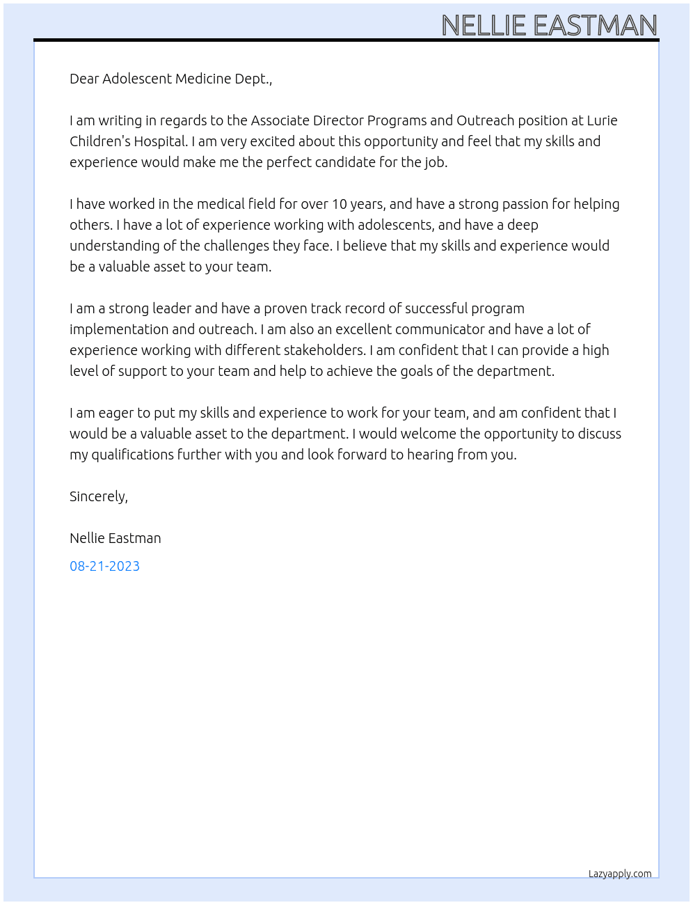 Associate Director Programs and Outreach At Lurie Children's Hospital Cover Letter