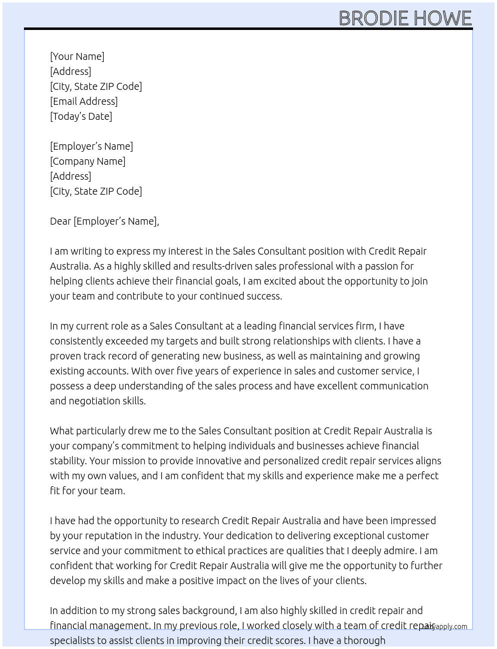 Sales Consultant At Credit Repair Australia Cover Letter