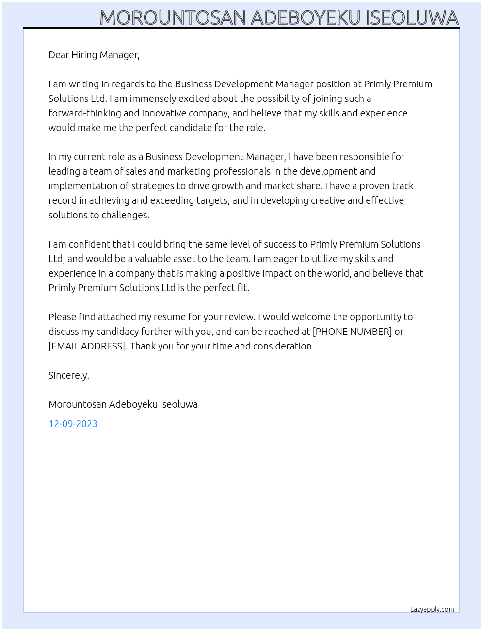 Business Development Manager At Primly Premium Solutions Ltd Cover Letter