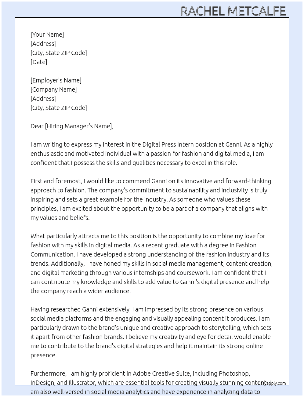 digital press intern  At Ganni  Cover Letter