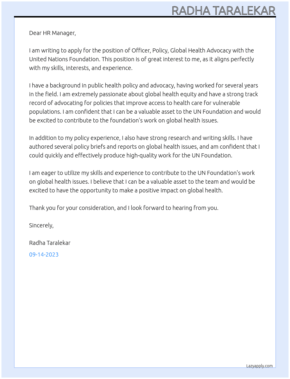 OFFICER, POLICY, GLOBAL HEALTH ADVOCACY At United Nations Foundation Cover Letter