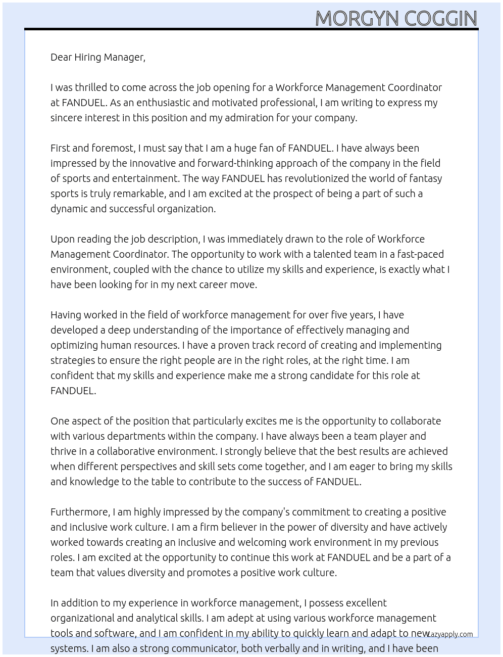 Workforce Management Coordenator At FANDUEL Cover Letter