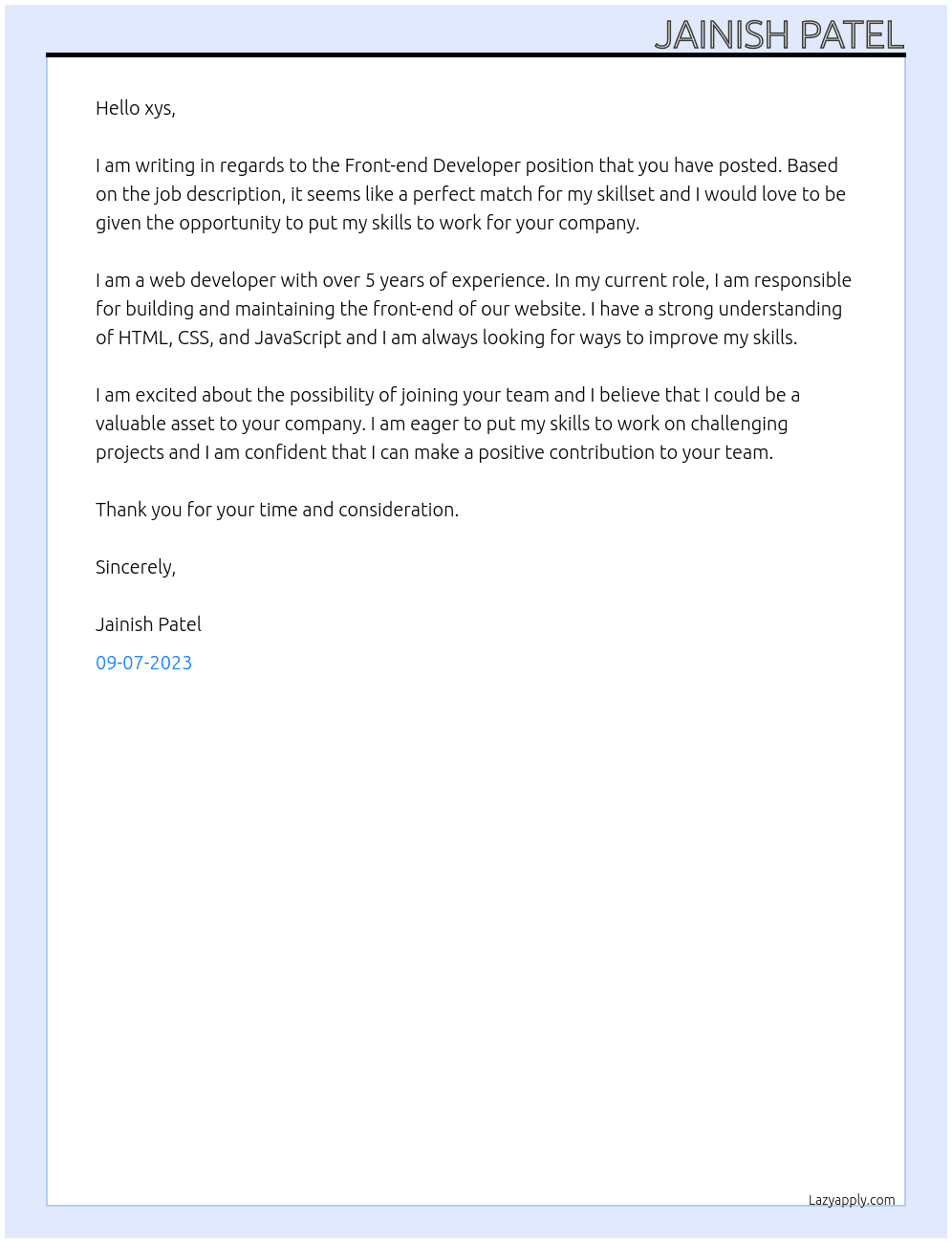 Front-end Developer At xys Cover Letter