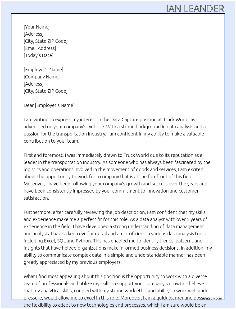 Data Capture At Truck World Cover Letter