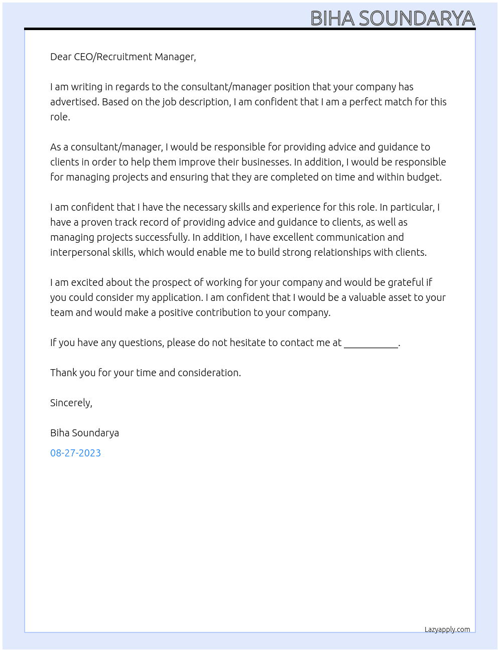  consultant , manager At PWC , Google , Microsoft  Cover Letter