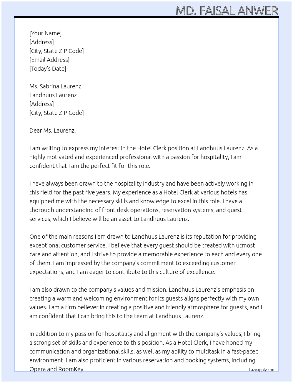 Hotel clerk At Landhuus Laurenz Cover Letter