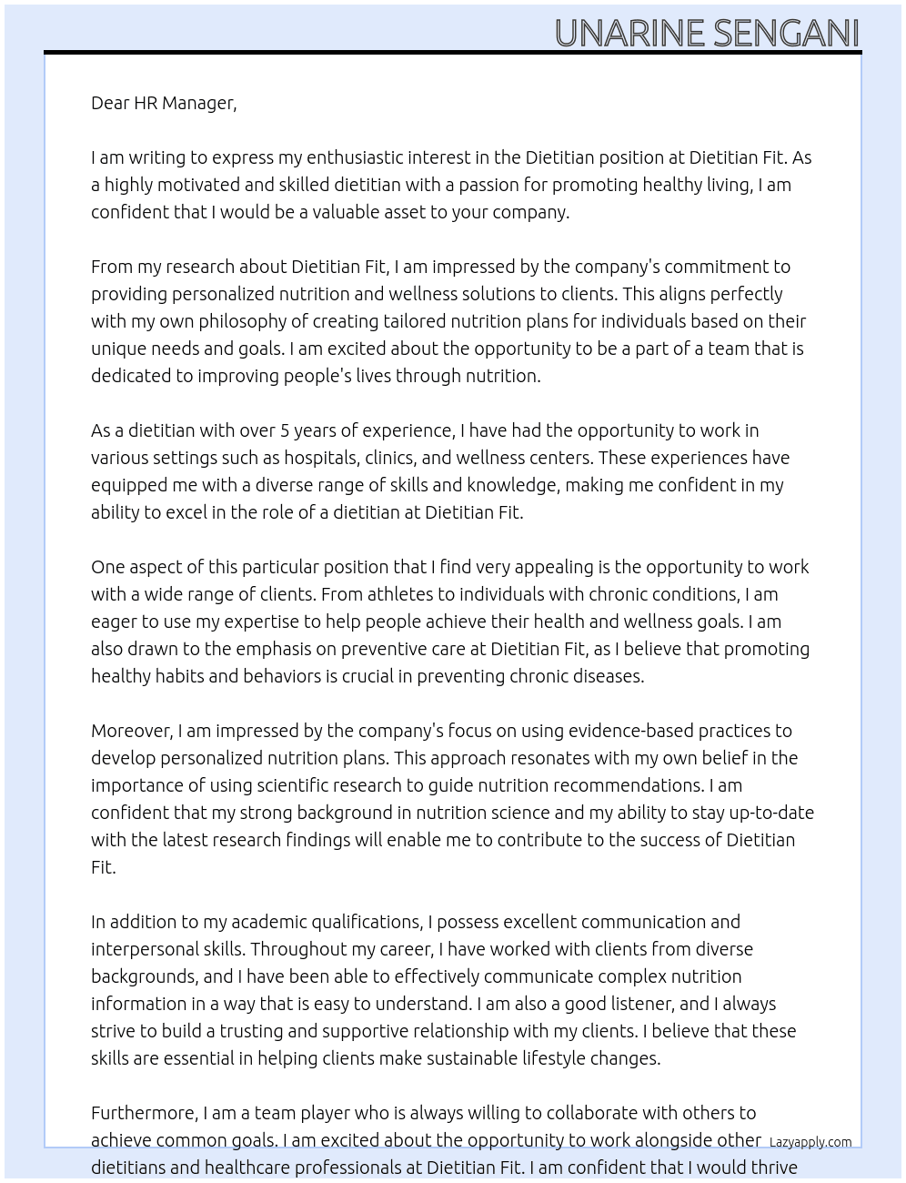dietitian At Dietitian Fit Cover Letter