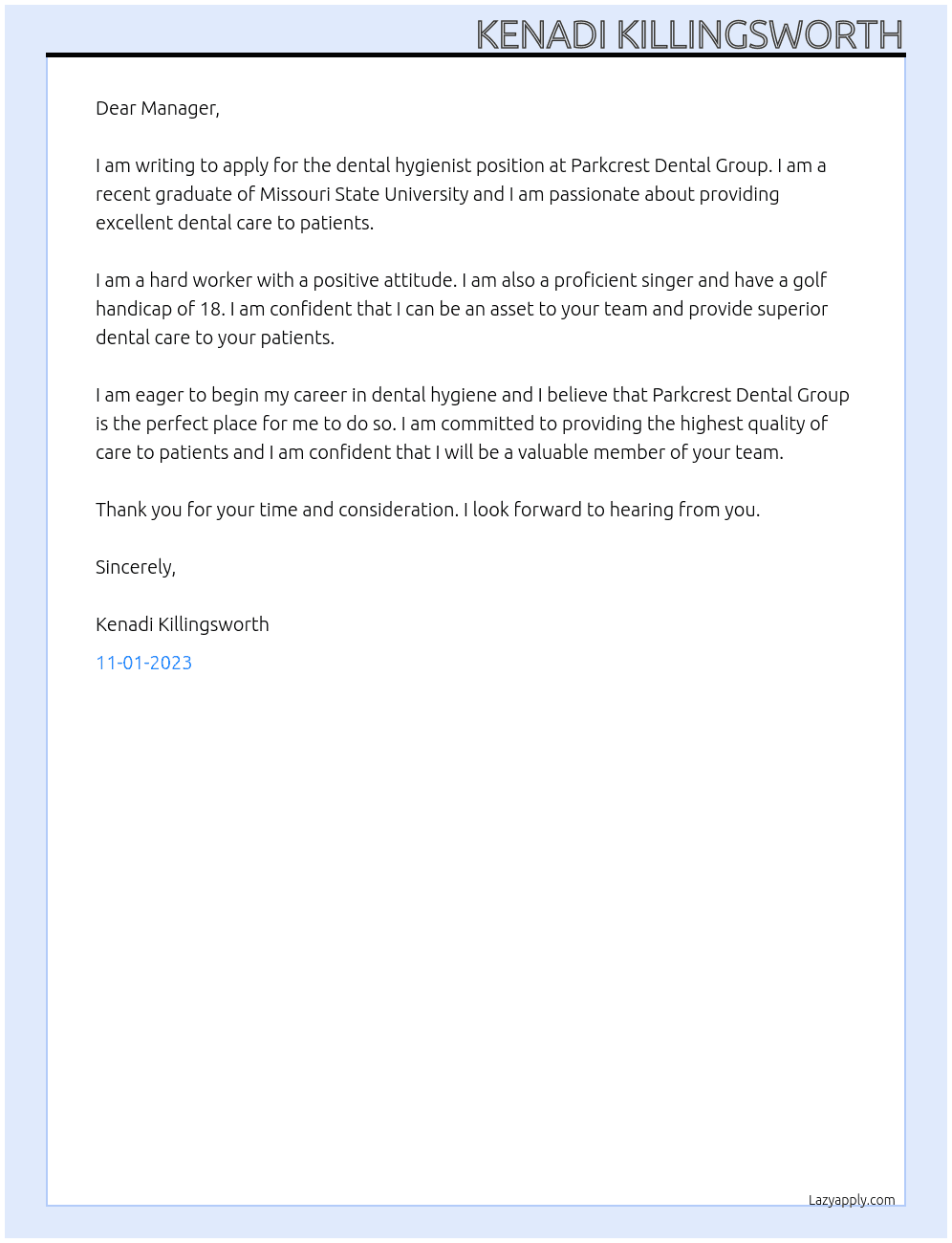 Dental Hygeine At Parkcrest Dental Group Cover Letter