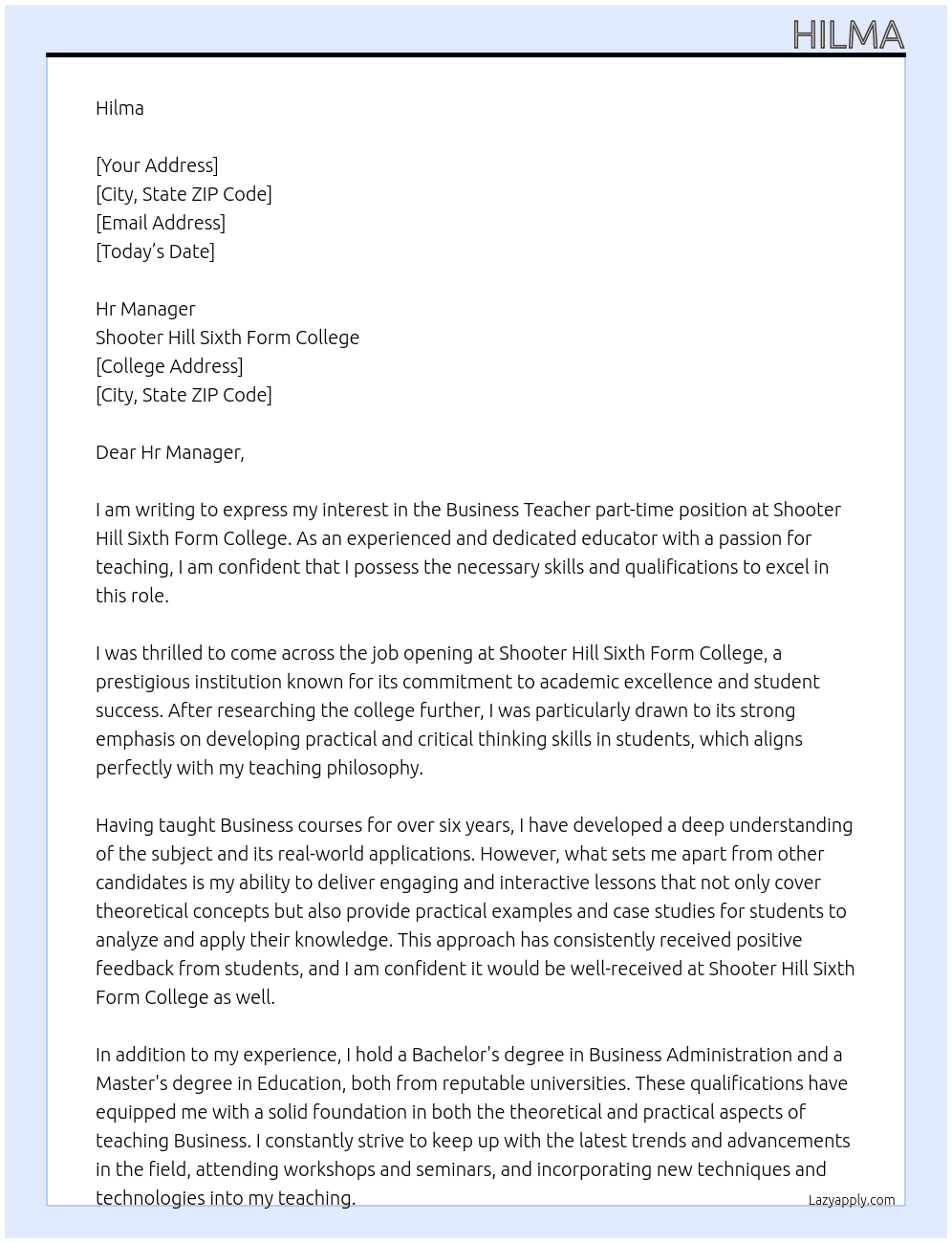 Business teacher part time  At Shooter  Hill Sixth Form College  Cover Letter