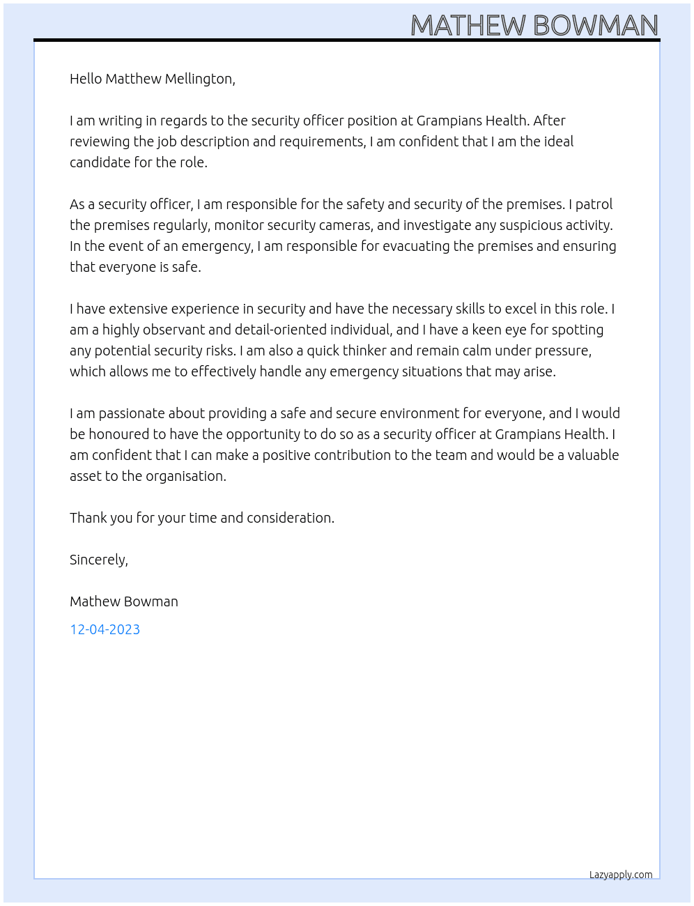 Security Officer At Grampians Health Cover Letter