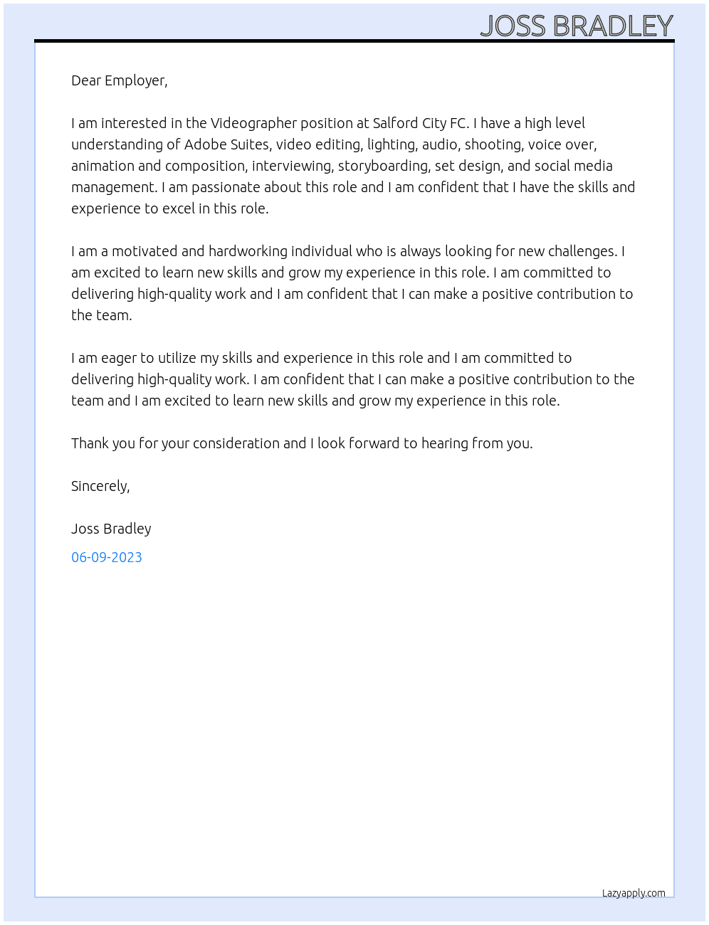 Videographer At Salford City FC Cover Letter