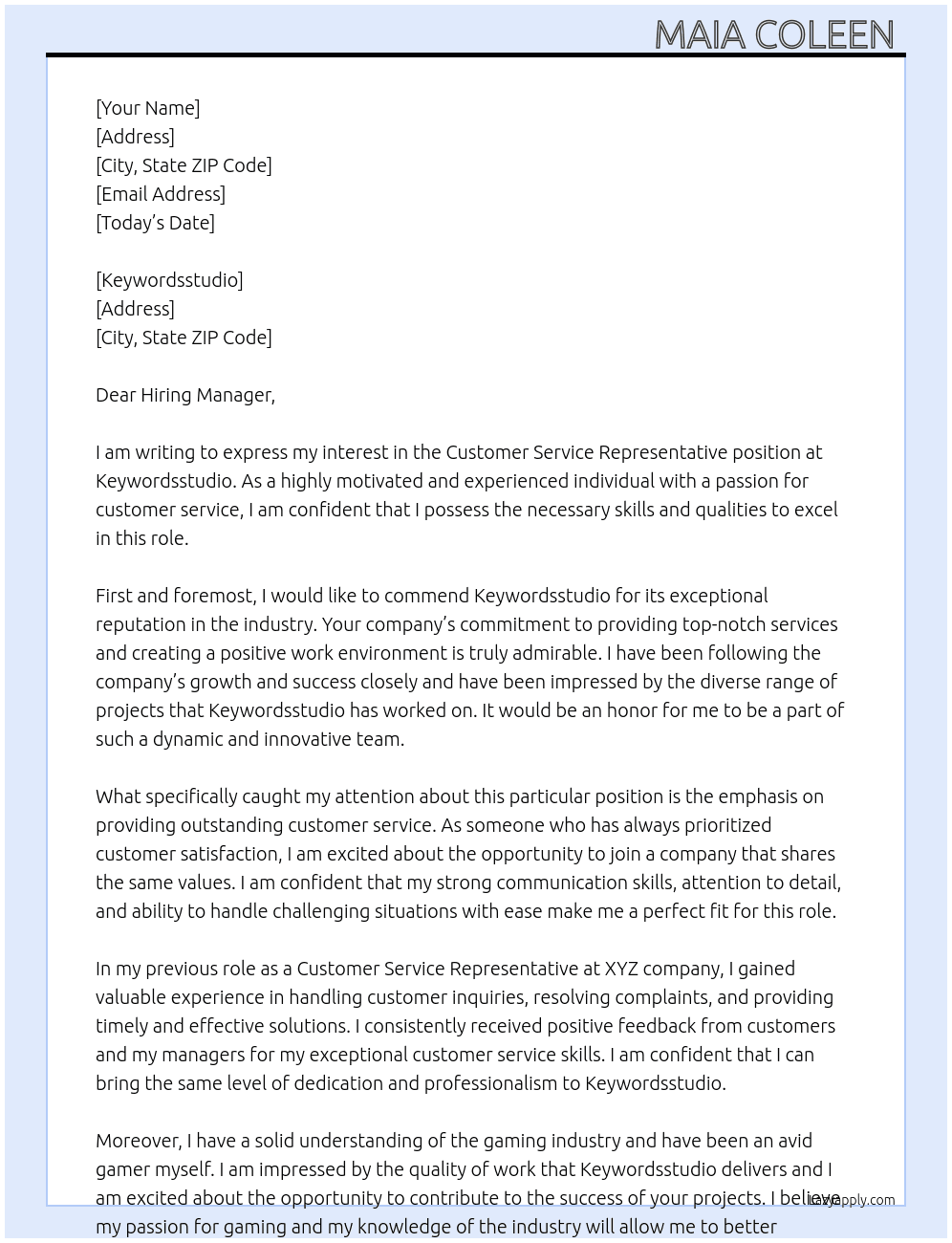 Customer Service Representative At Keywordsstudio Cover Letter