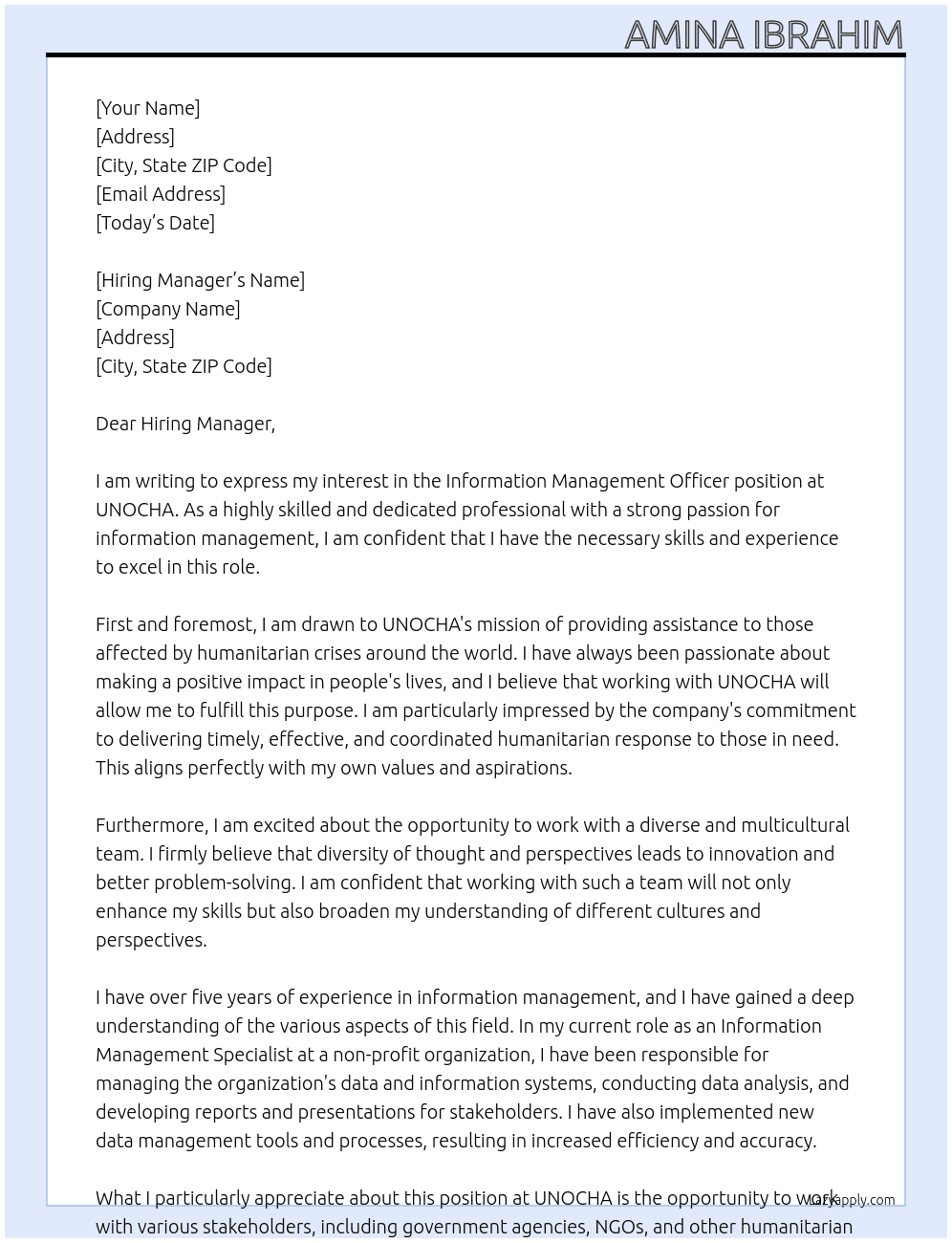 Information Management Officer At UNOCHA Cover Letter