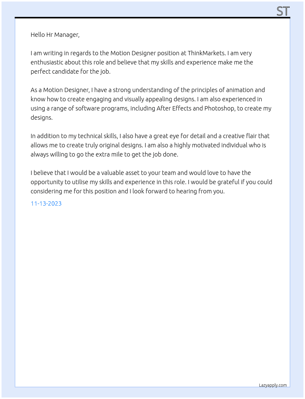 Motion Designer At ThinkMarkets Cover Letter