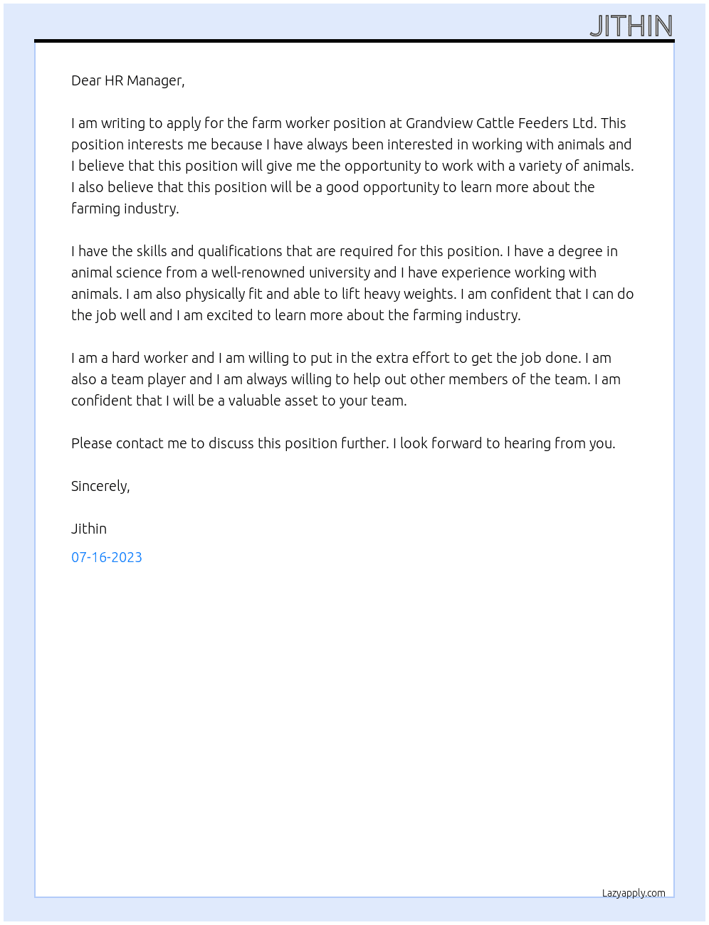 Farm worker  At Grandview Cattle Feeders Ltd Cover Letter