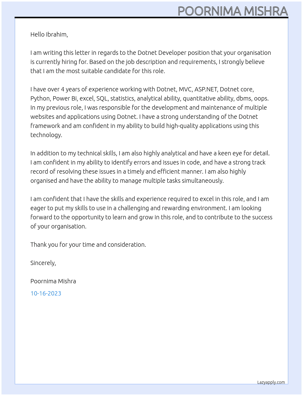 Dotnet developer At Your organisation  Cover Letter