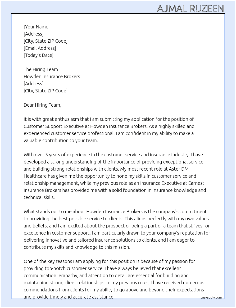 Customer support executive  At Howden insurance brokers Cover Letter