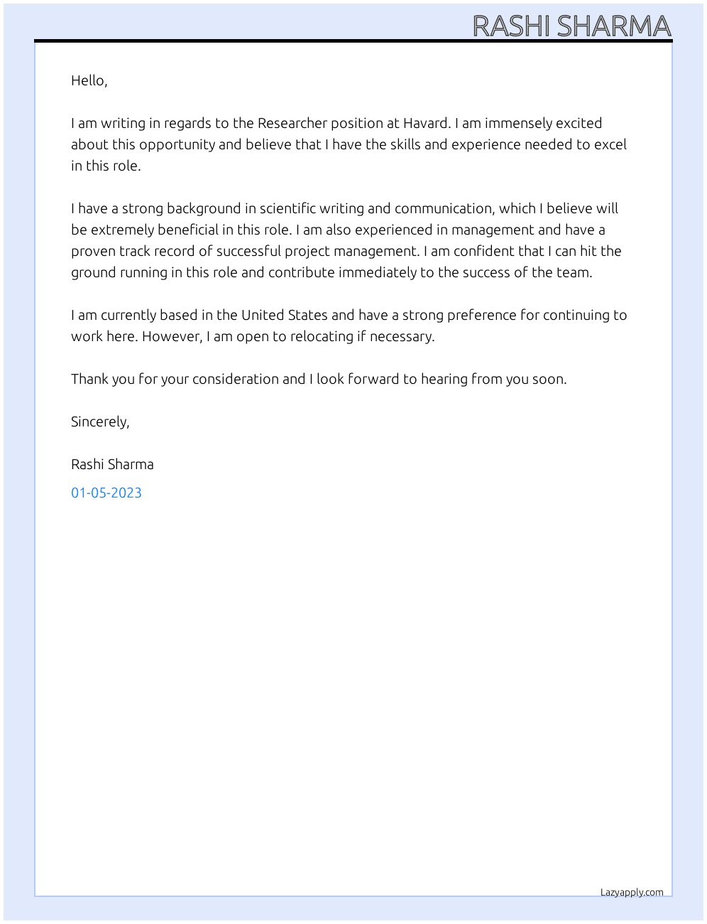 Researcher At Havard Cover Letter