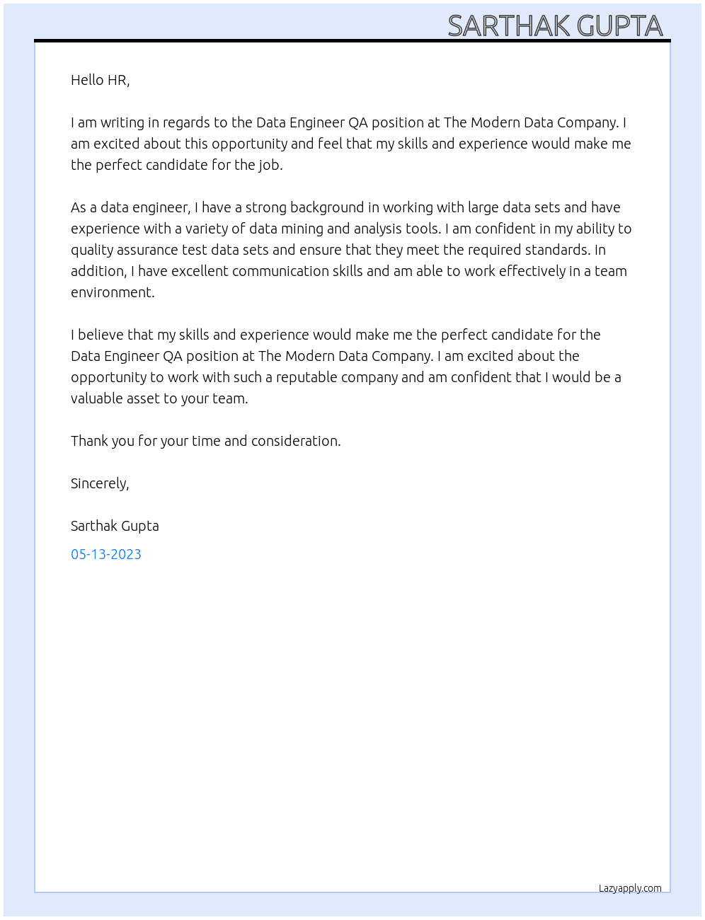 Data Engineer QA At The Modern Data Company  Cover Letter