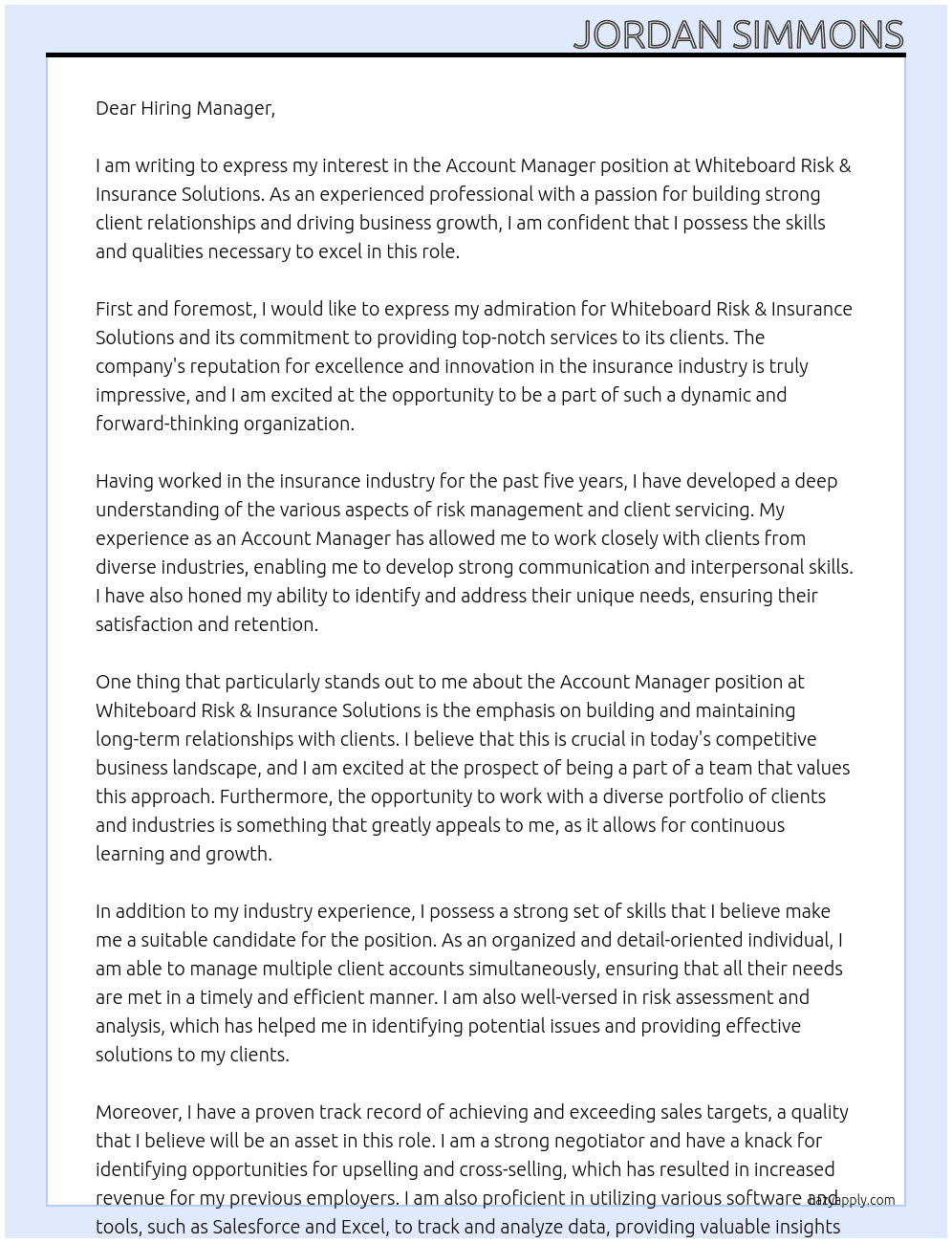 Account Manager At Whiteboard Risk & Insurance Solutions Cover Letter