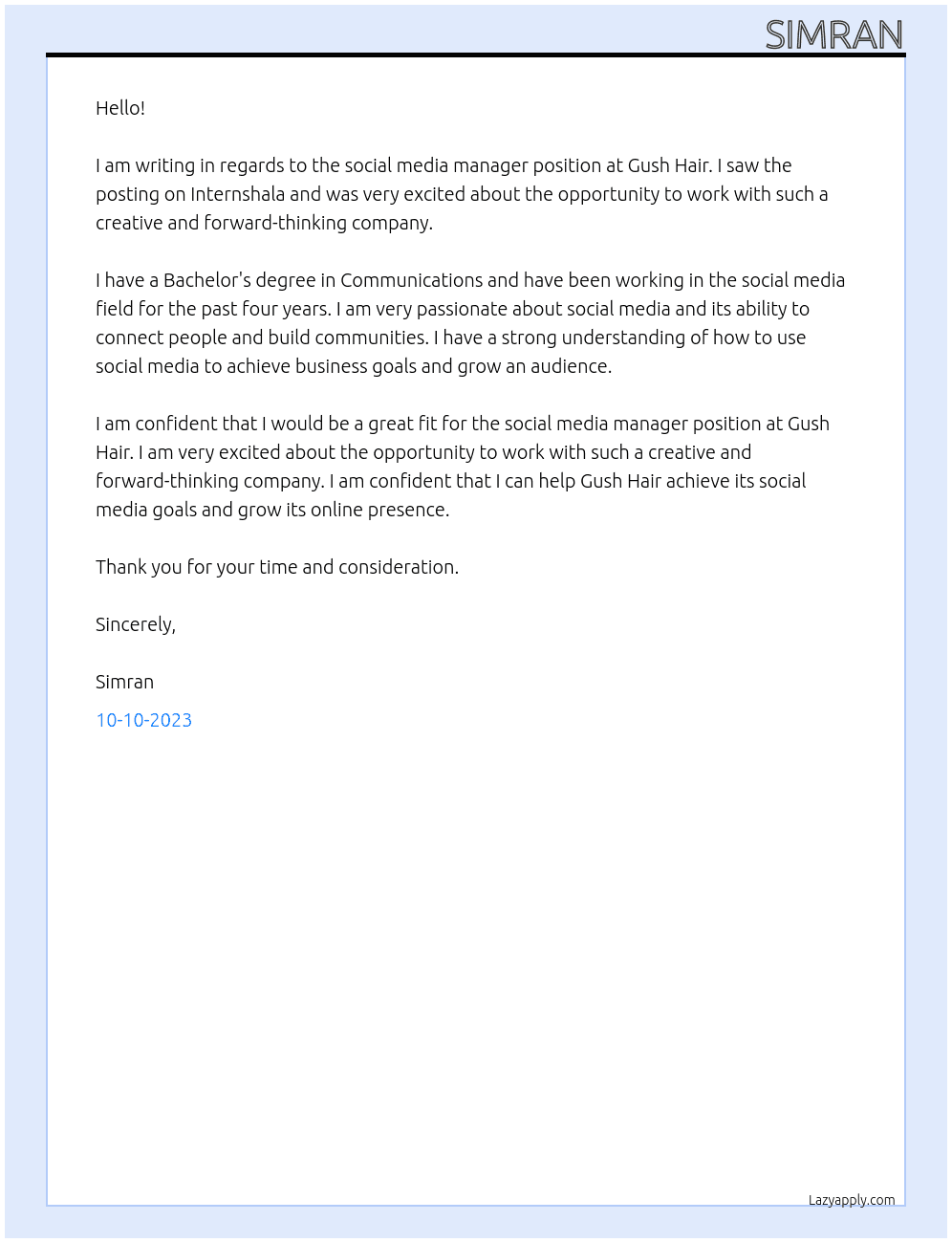 social media manager At gush hair Cover Letter