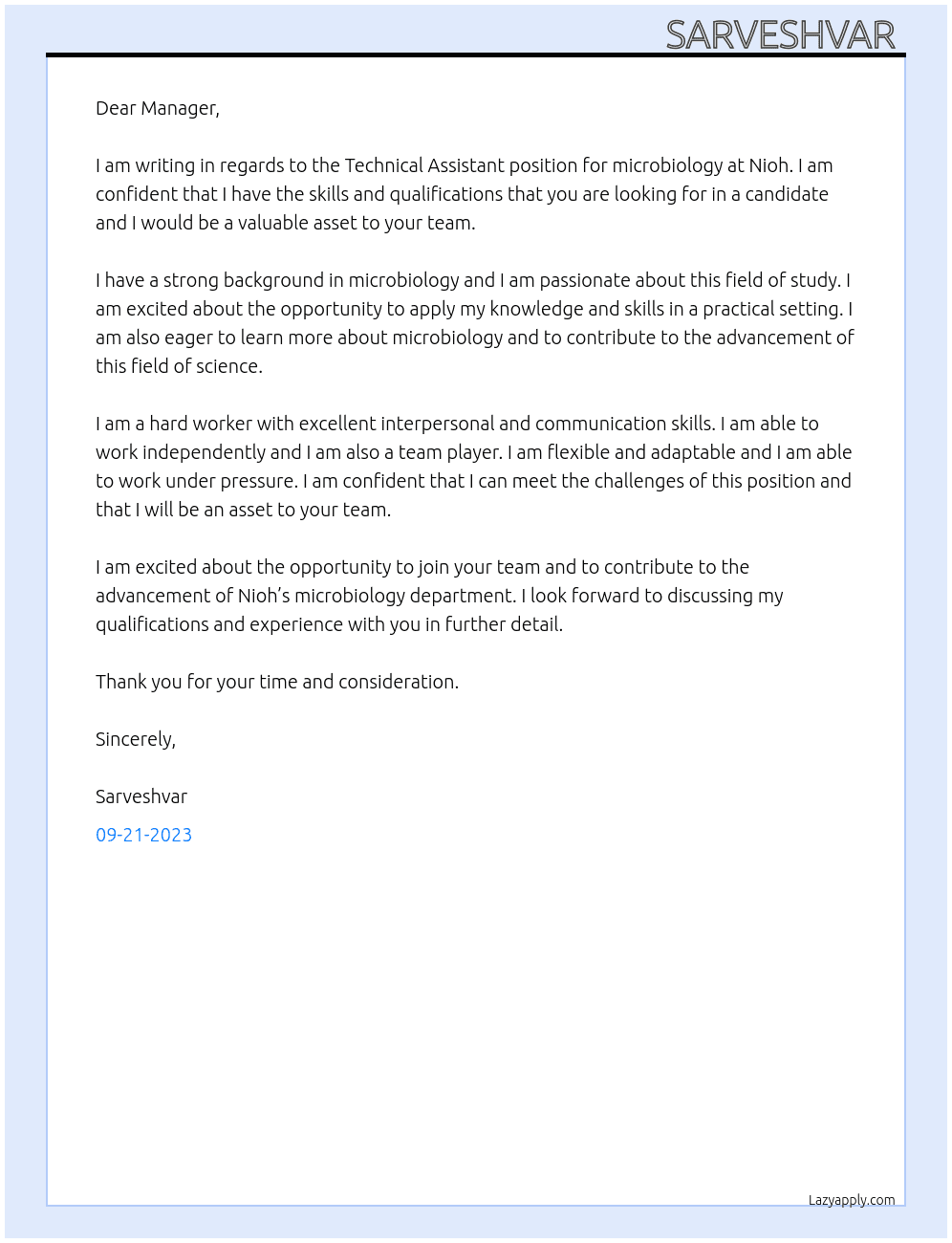 Technical asistant microbiology At Nioh Cover Letter