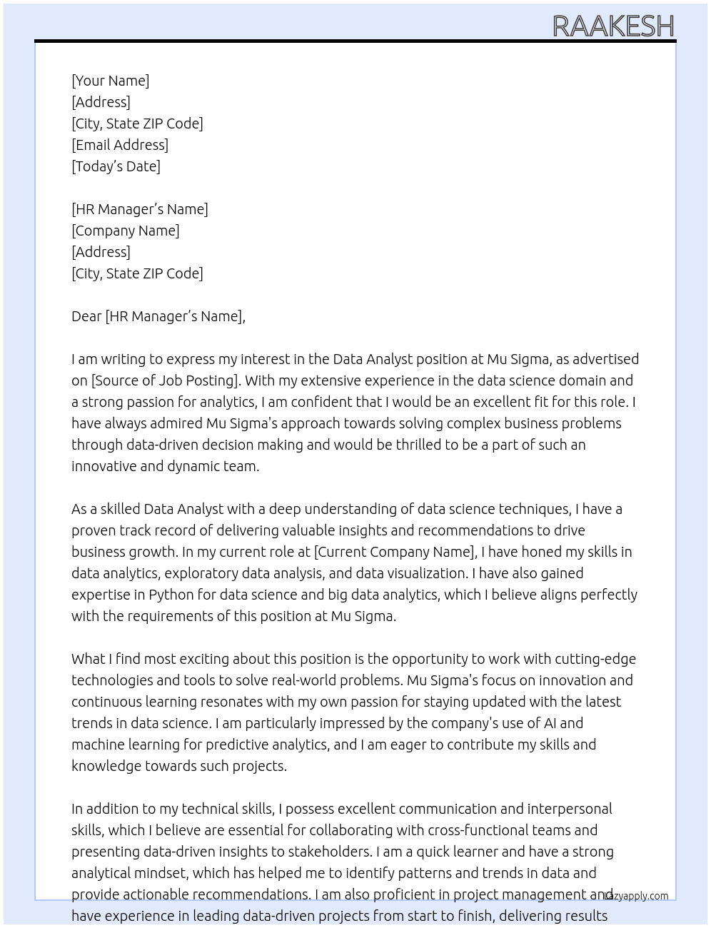 Data Analyst (Data science Domain)  At Mu sigma Cover Letter