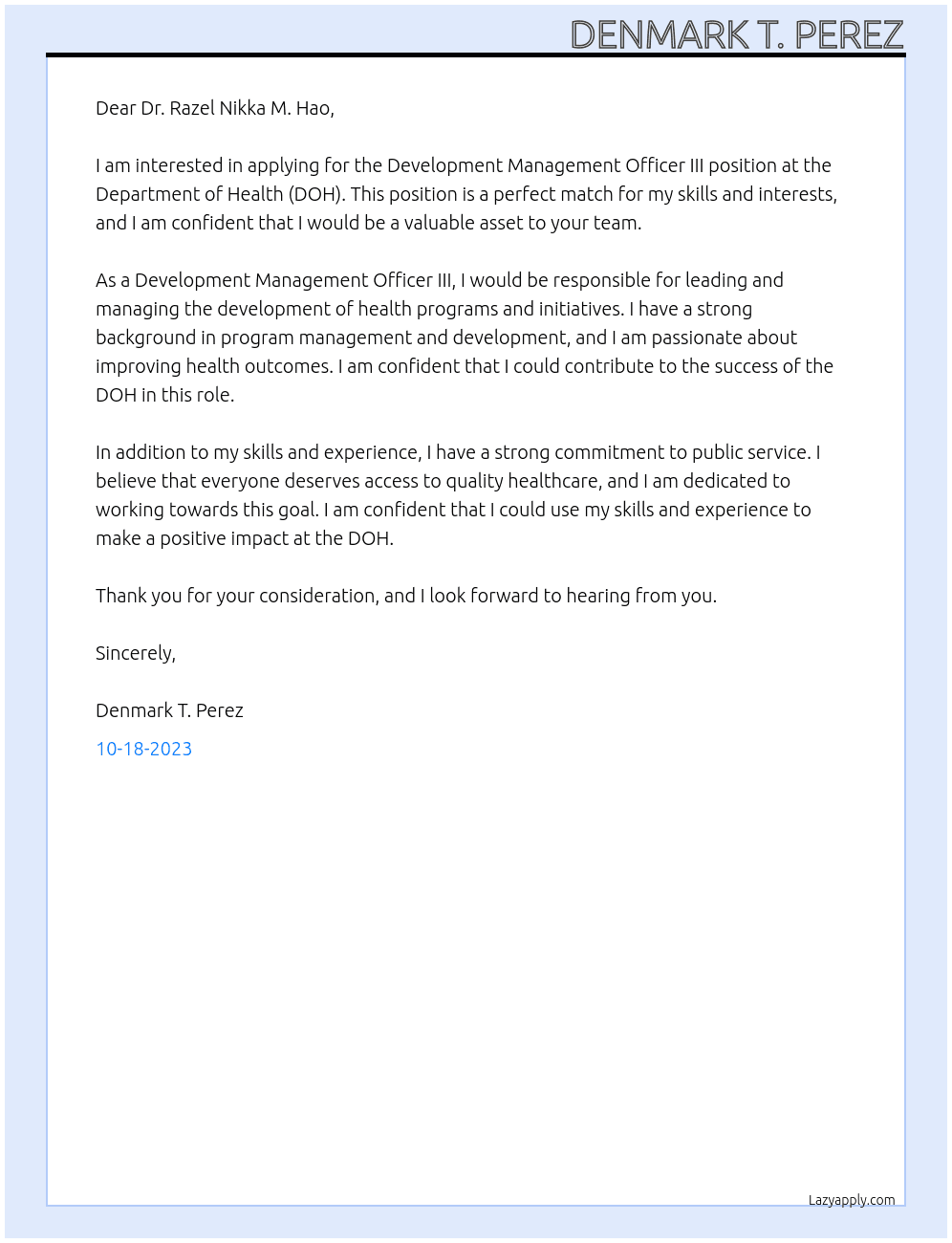 DEVELOPMENT MANAGEMENT OFFICER III At DOH Cover Letter