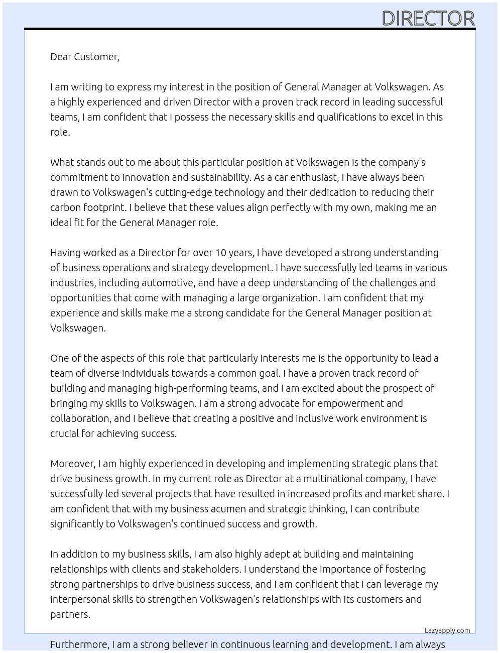 General Manager At Volkswagen Cover Letter