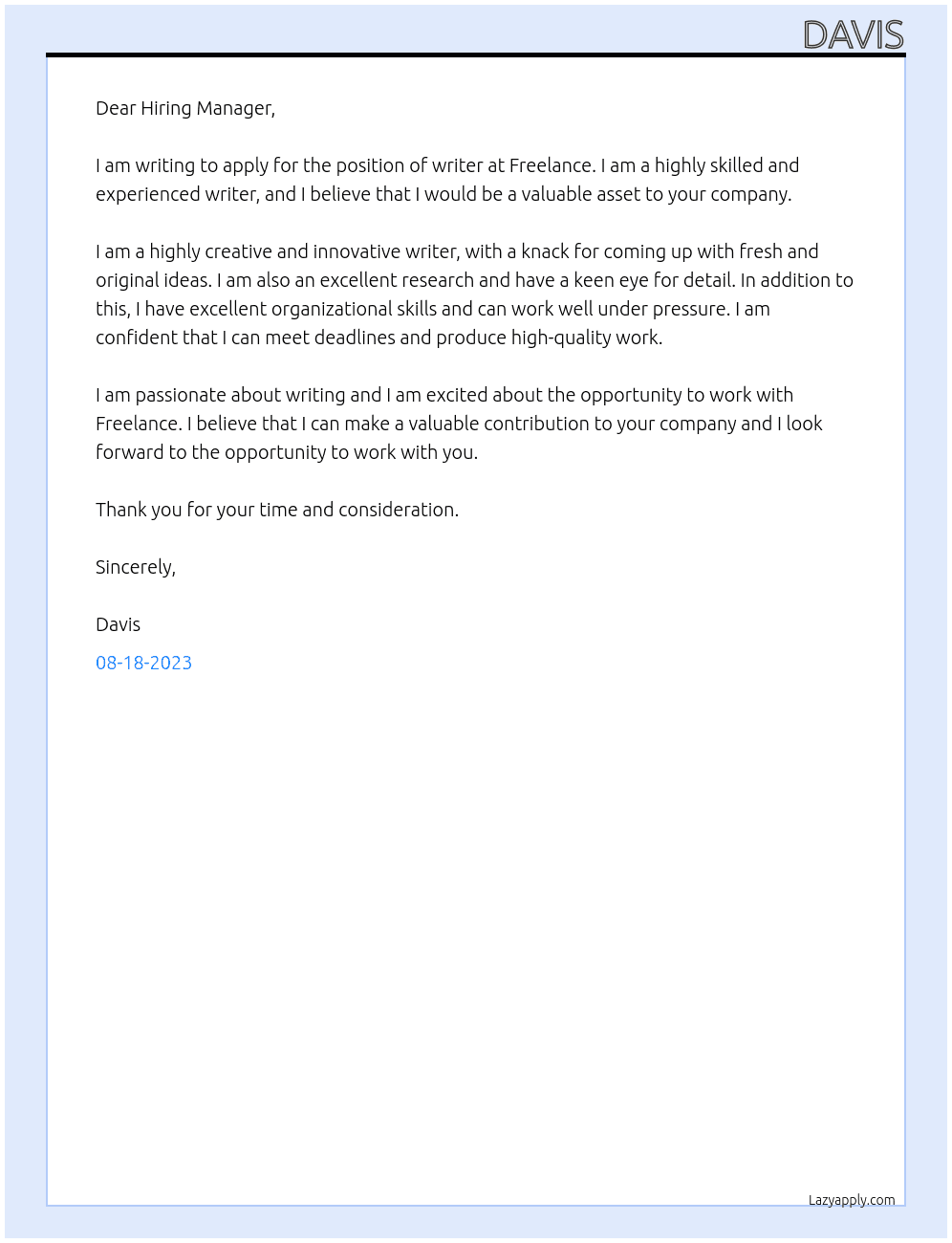 writer At freelance Cover Letter
